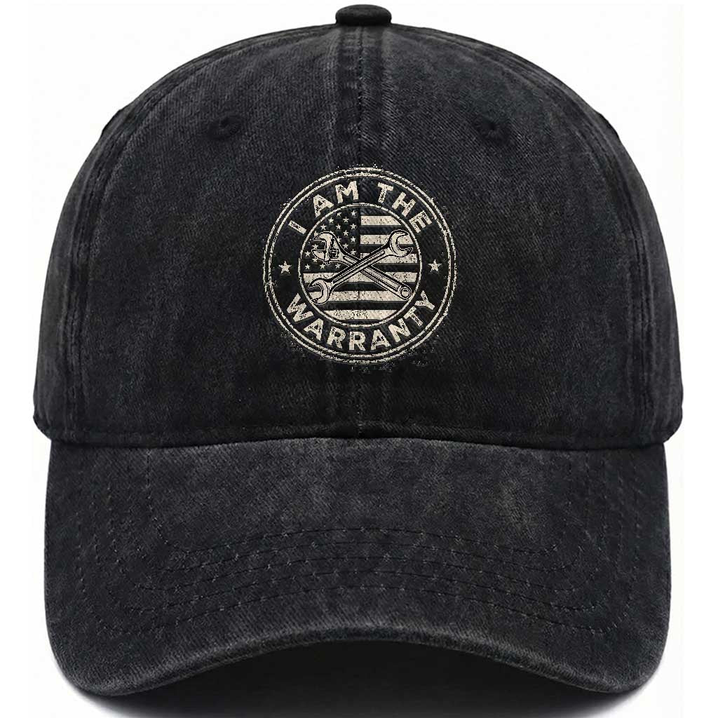 I Am The Warranty Funny Mechanic Washed Cotton Baseball Cap Race Car Parts Repair Guy Vintage American Flag