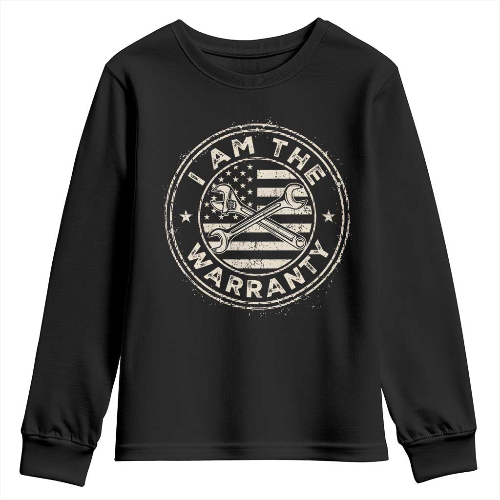 I Am The Warranty Funny Mechanic Youth Sweatshirt Race Car Parts Repair Guy Vintage American Flag
