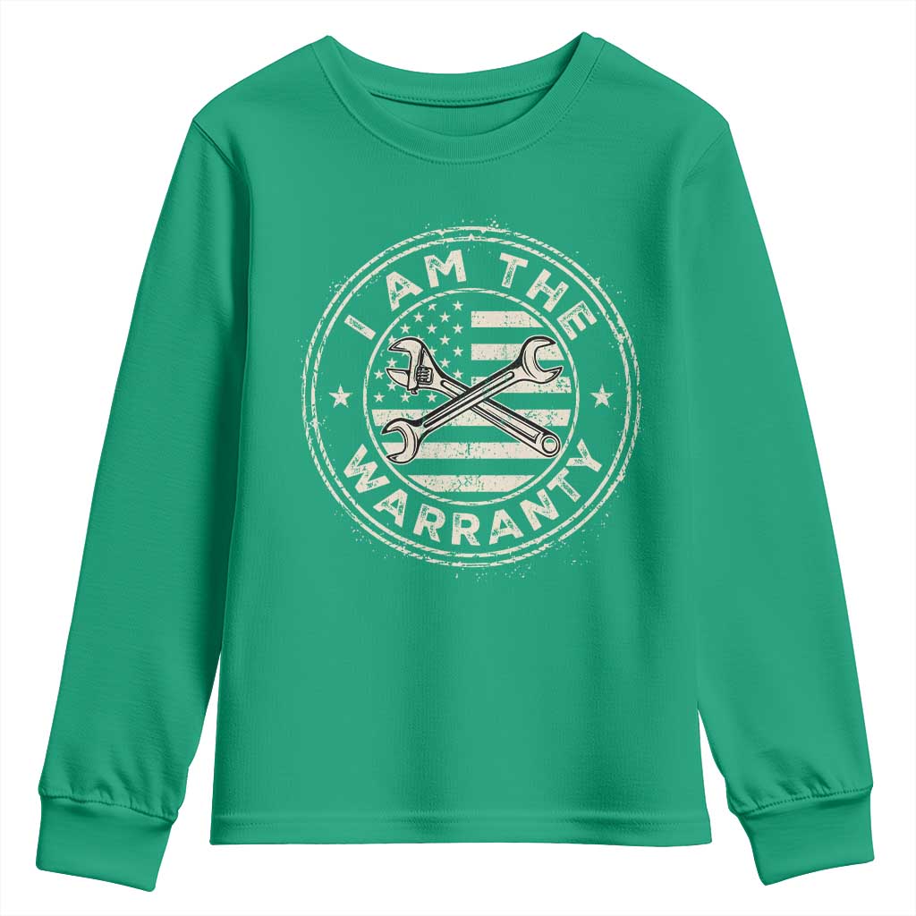 I Am The Warranty Funny Mechanic Youth Sweatshirt Race Car Parts Repair Guy Vintage American Flag