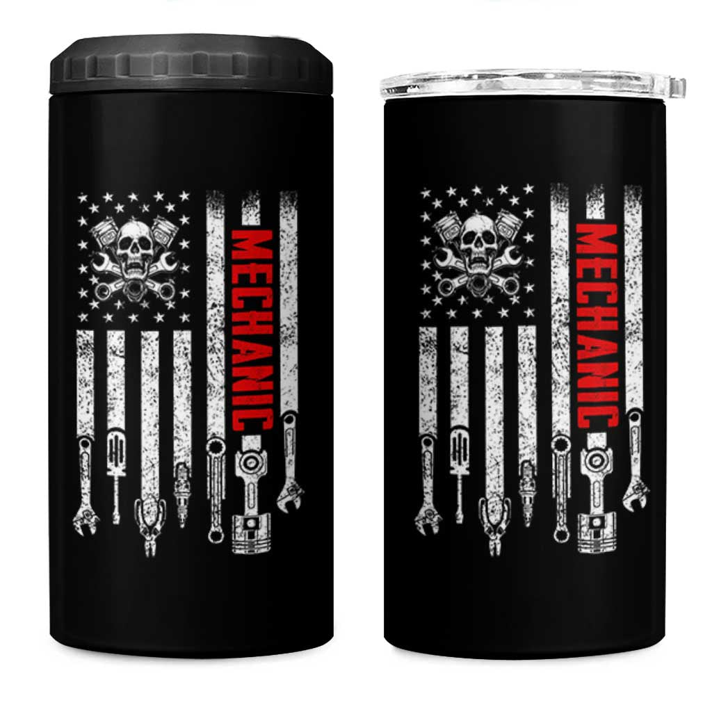 Mechanic American Flag Vintage Skull Auto Repair Handyman 4 in 1 Can Cooler Tumbler