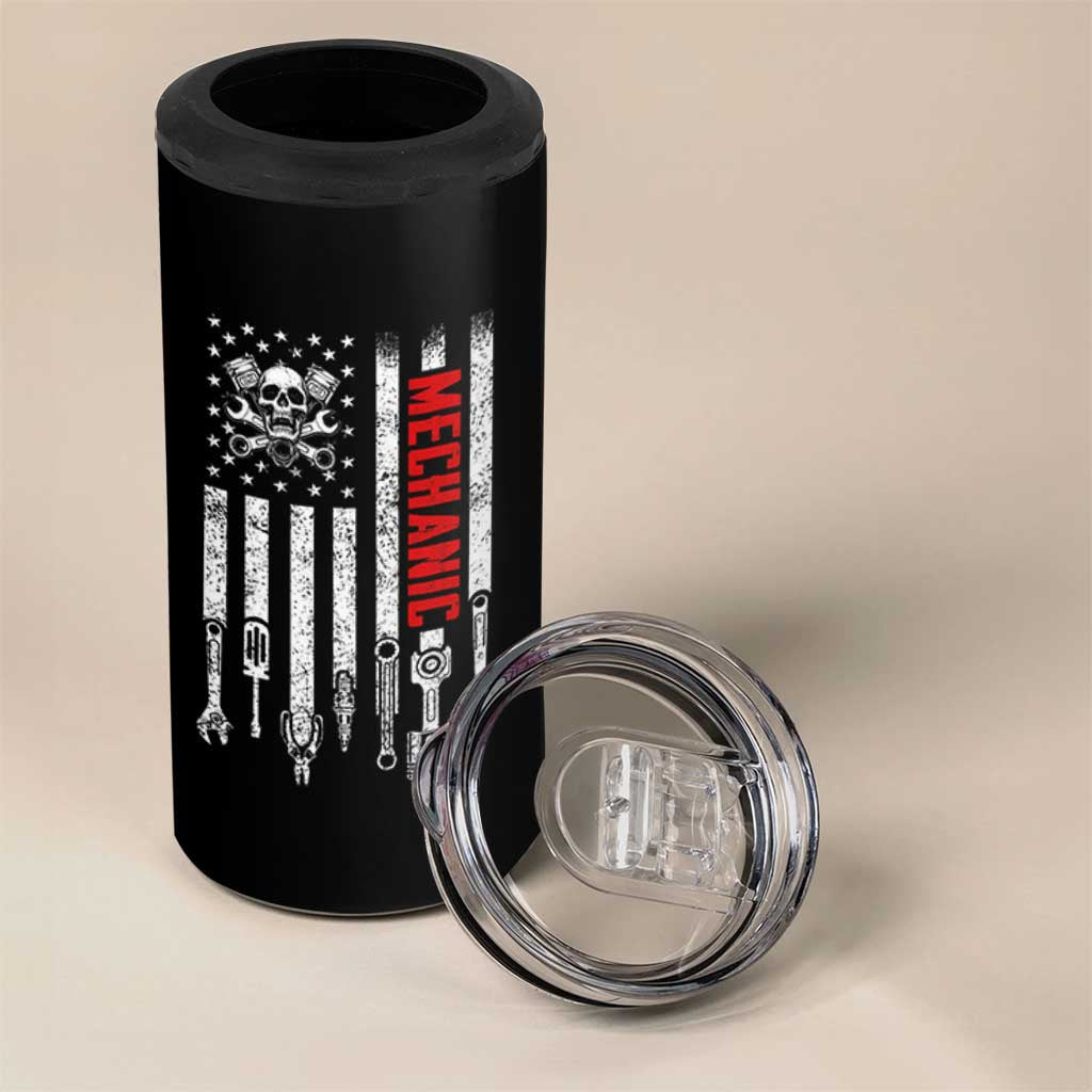 Mechanic American Flag Vintage Skull Auto Repair Handyman 4 in 1 Can Cooler Tumbler