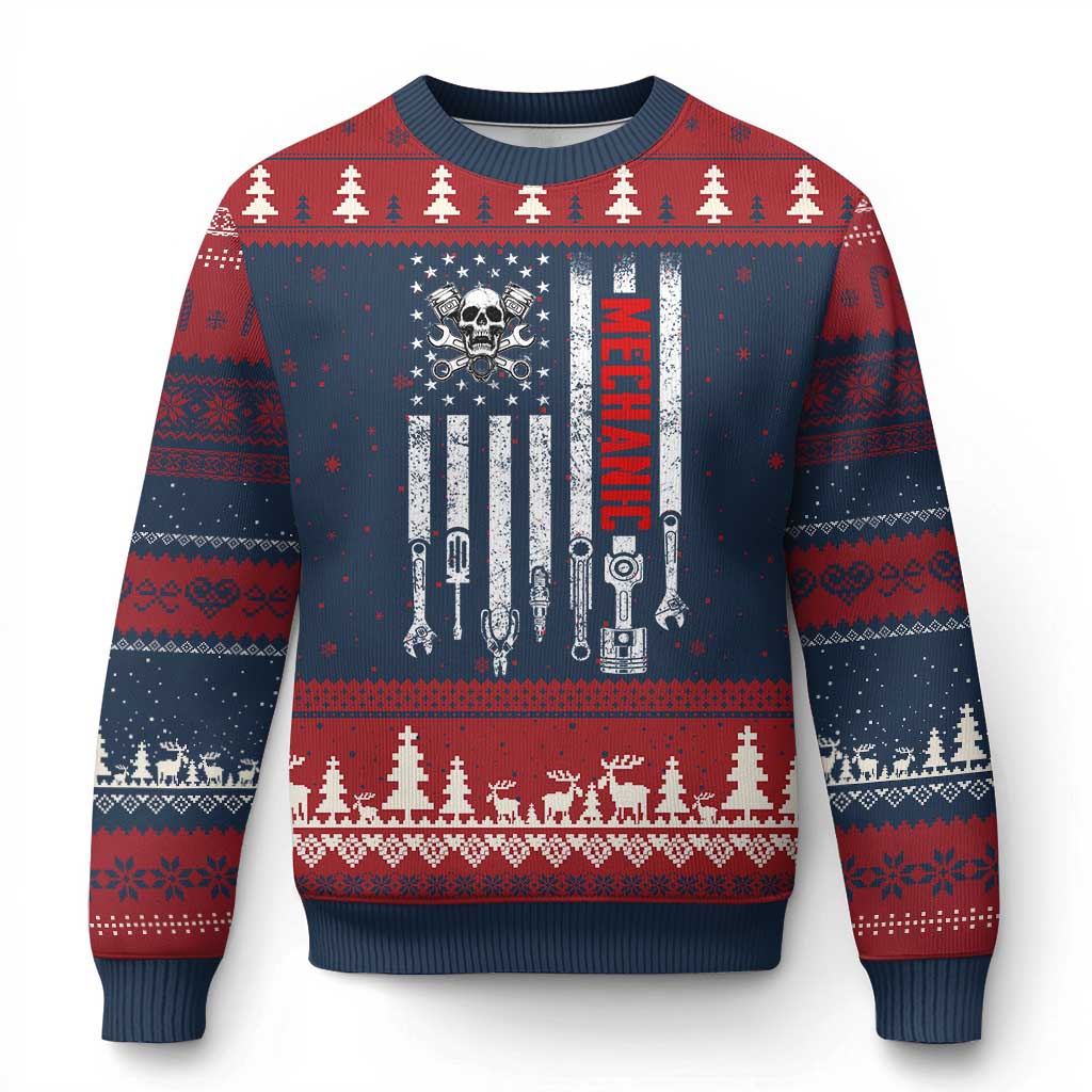 Mechanic American Flag Vintage Skull Auto Repair Handyman Ugly Christmas Sweater