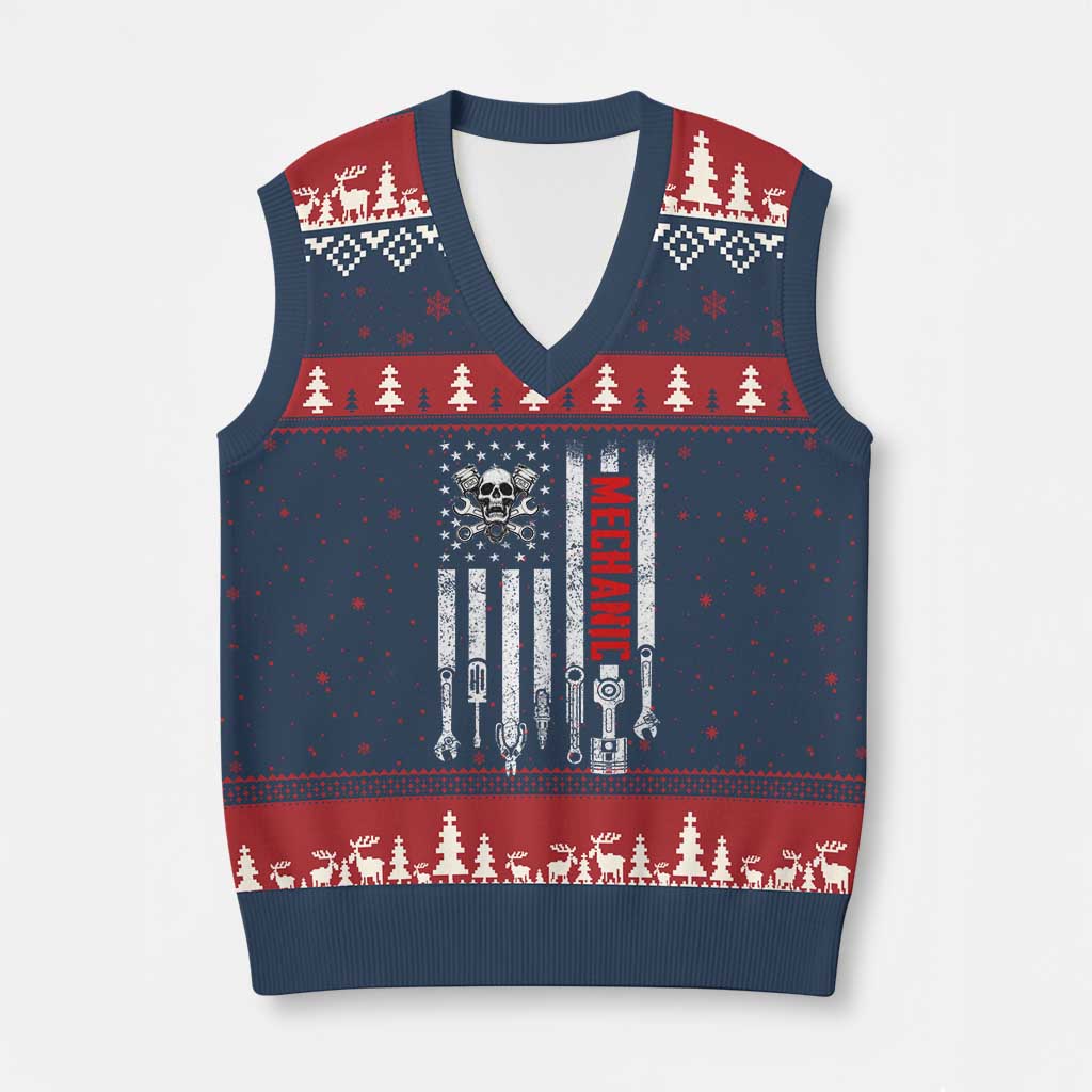 Mechanic American Flag Vintage Skull Auto Repair Handyman V-Neck Knit Sweater Vest