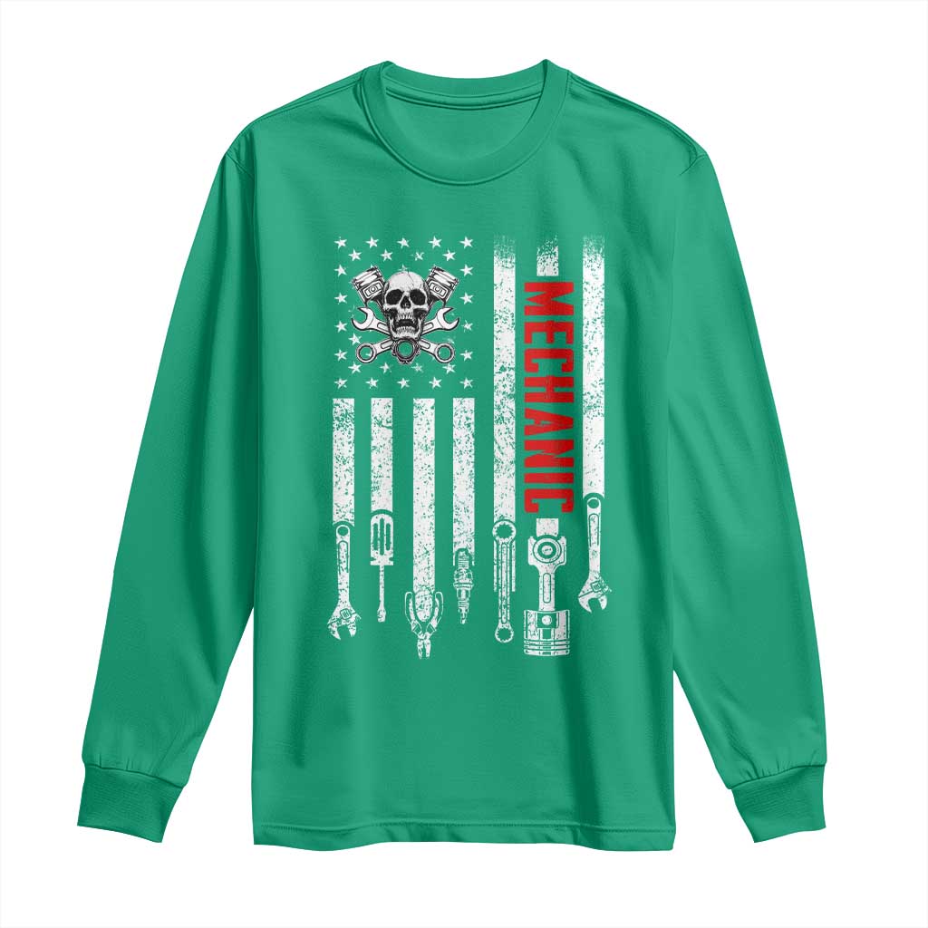 Mechanic American Flag Vintage Skull Auto Repair Handyman Long Sleeve Shirt