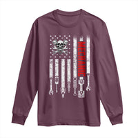 Mechanic American Flag Vintage Skull Auto Repair Handyman Long Sleeve Shirt