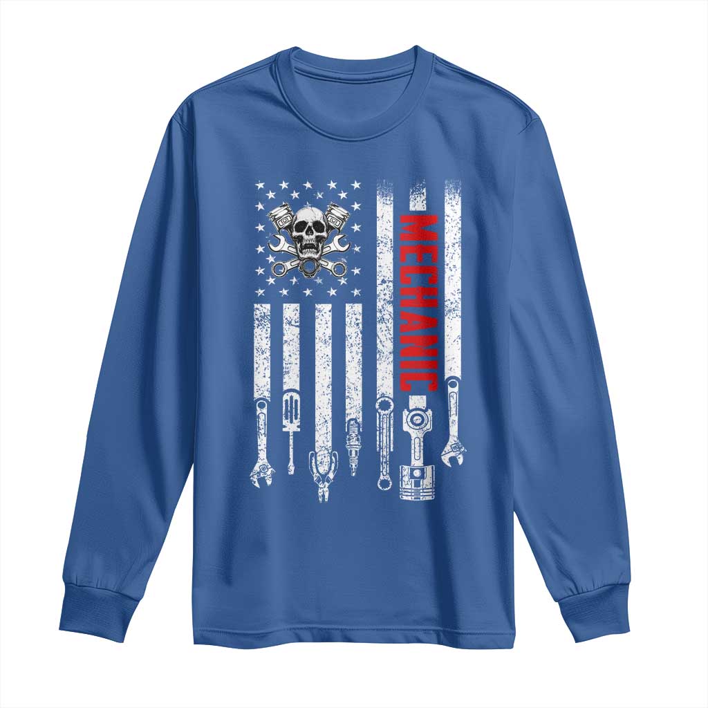 Mechanic American Flag Vintage Skull Auto Repair Handyman Long Sleeve Shirt