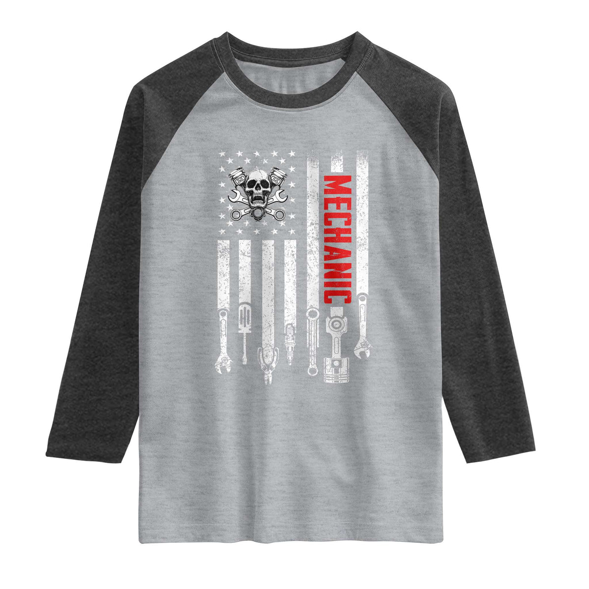 Mechanic American Flag Vintage Skull Auto Repair Handyman Raglan Shirt