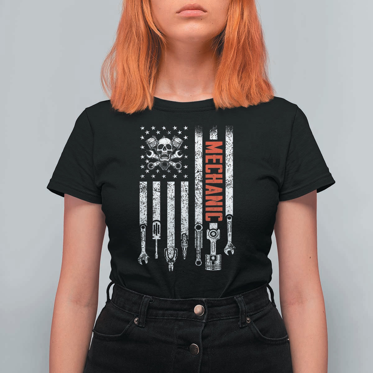 Mechanic American Flag Vintage Skull Auto Repair Handyman T Shirt For Women