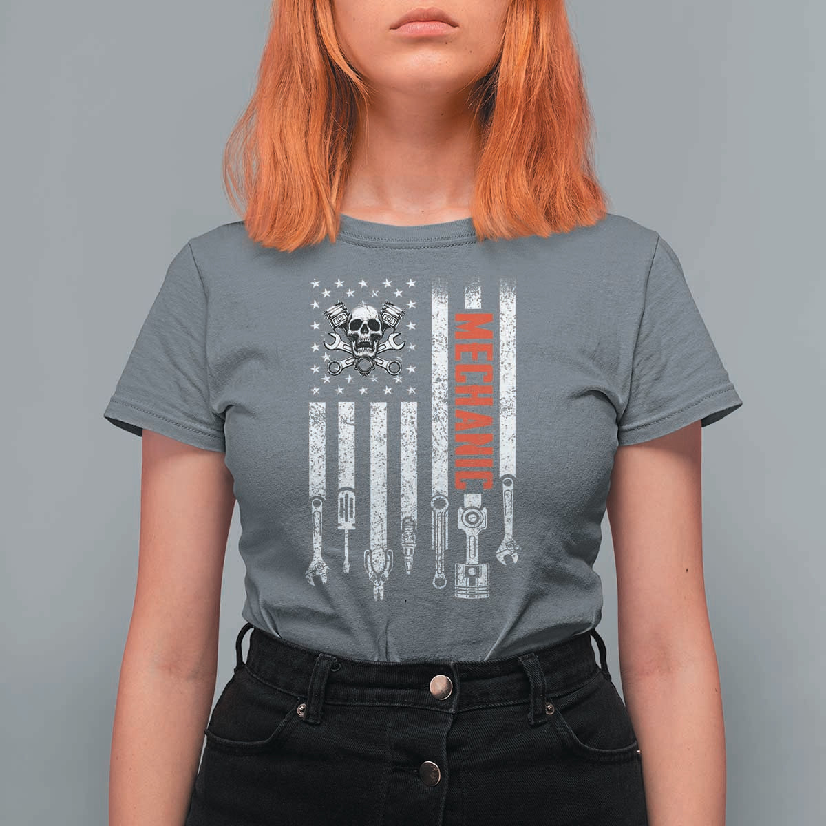 Mechanic American Flag Vintage Skull Auto Repair Handyman T Shirt For Women