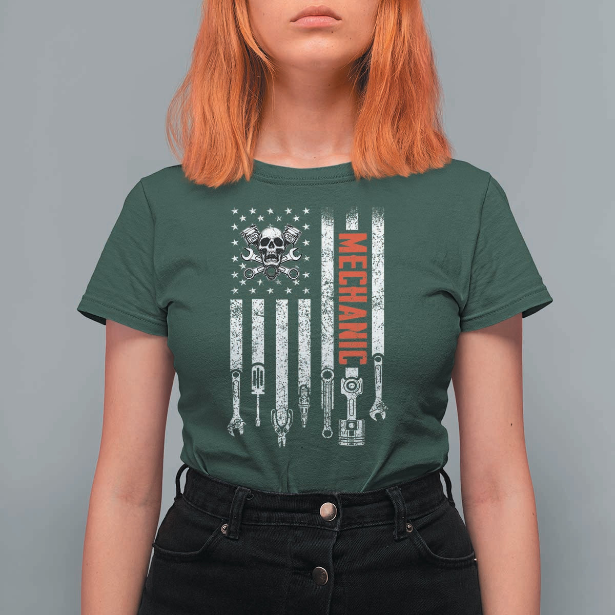 Mechanic American Flag Vintage Skull Auto Repair Handyman T Shirt For Women