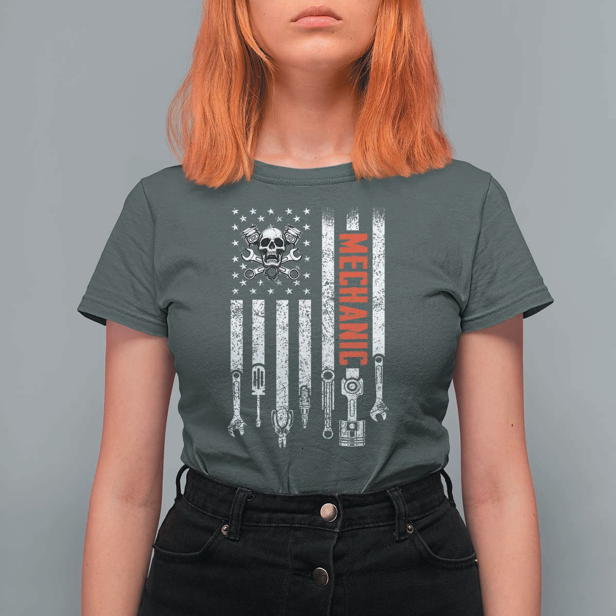 Mechanic American Flag Vintage Skull Auto Repair Handyman T Shirt For Women