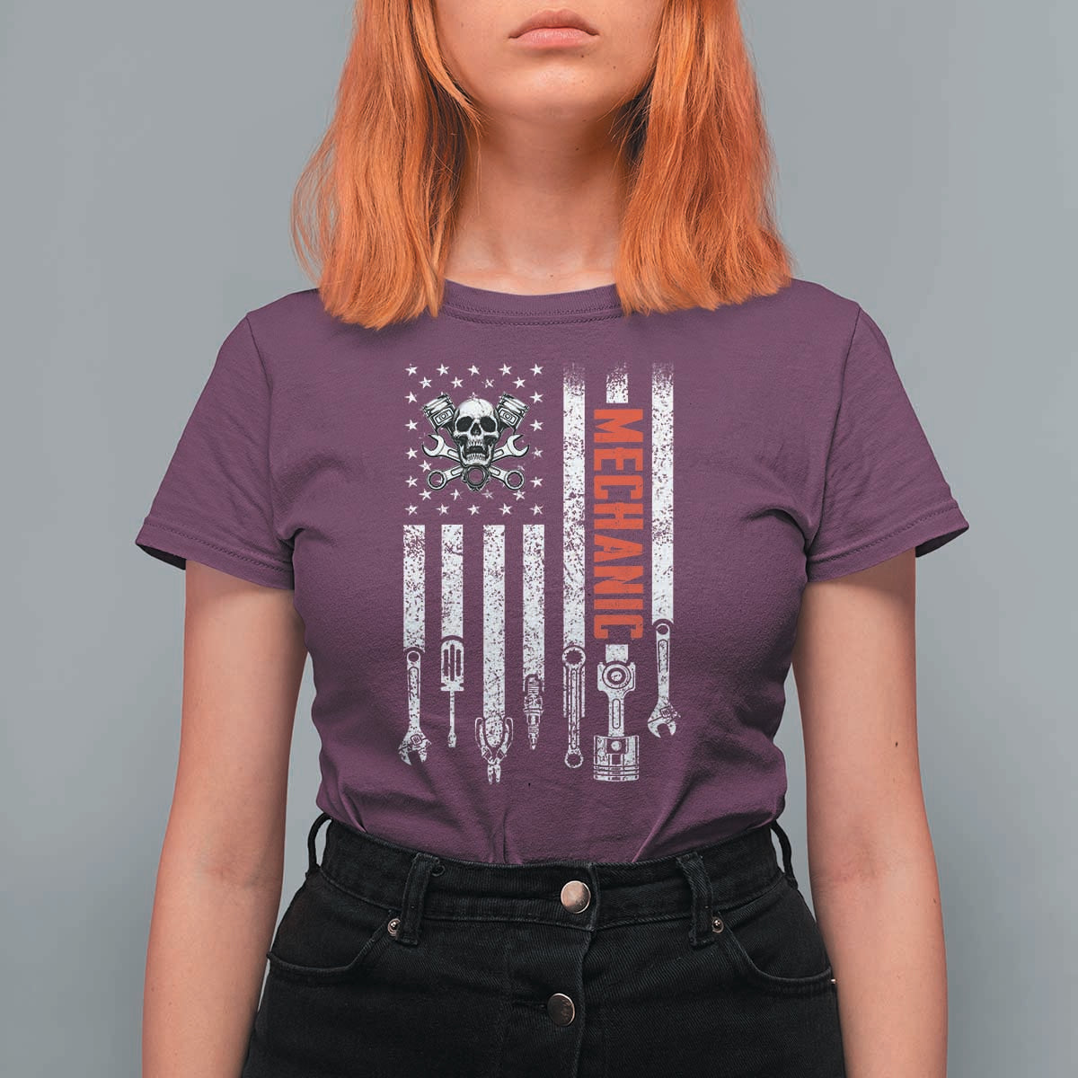 Mechanic American Flag Vintage Skull Auto Repair Handyman T Shirt For Women