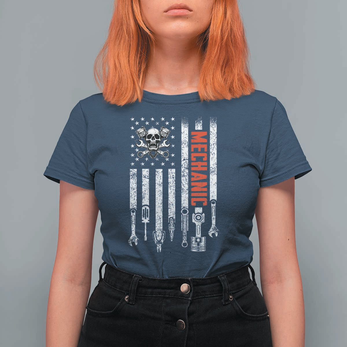Mechanic American Flag Vintage Skull Auto Repair Handyman T Shirt For Women