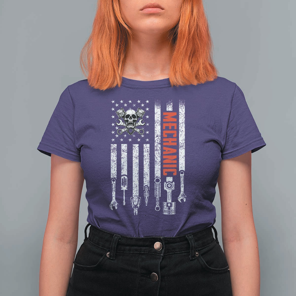 Mechanic American Flag Vintage Skull Auto Repair Handyman T Shirt For Women
