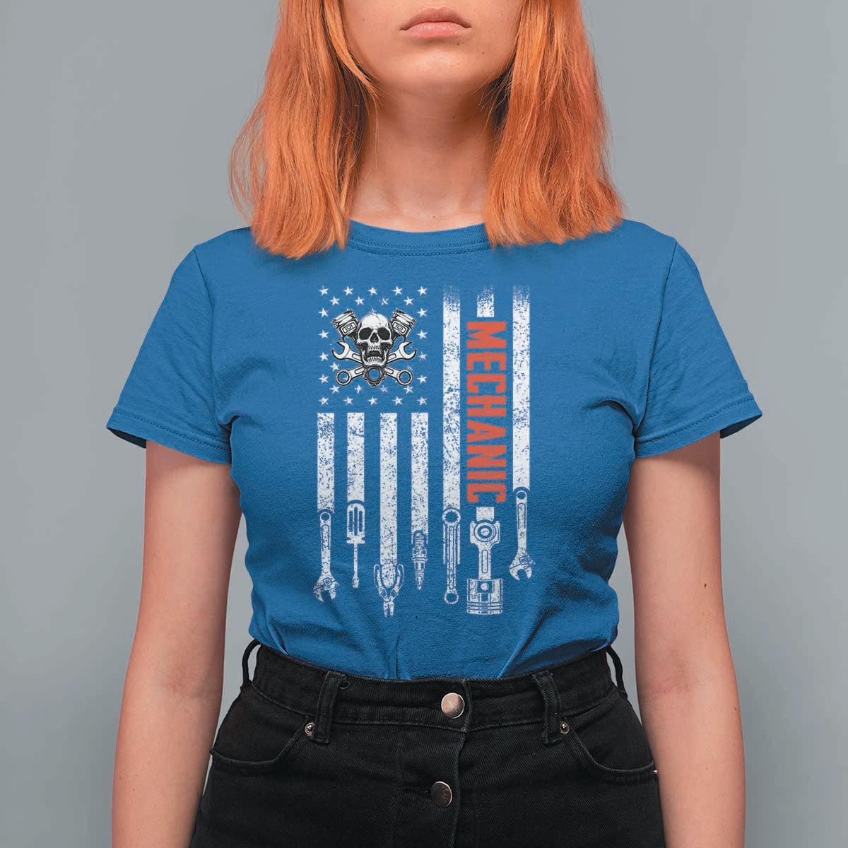 Mechanic American Flag Vintage Skull Auto Repair Handyman T Shirt For Women