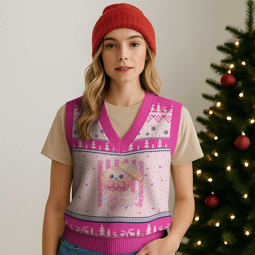 Birthday Girl Cute Glitter Dumpling V-Neck Knit Sweater Vest Kawaii Food Squishy Summer Stripes