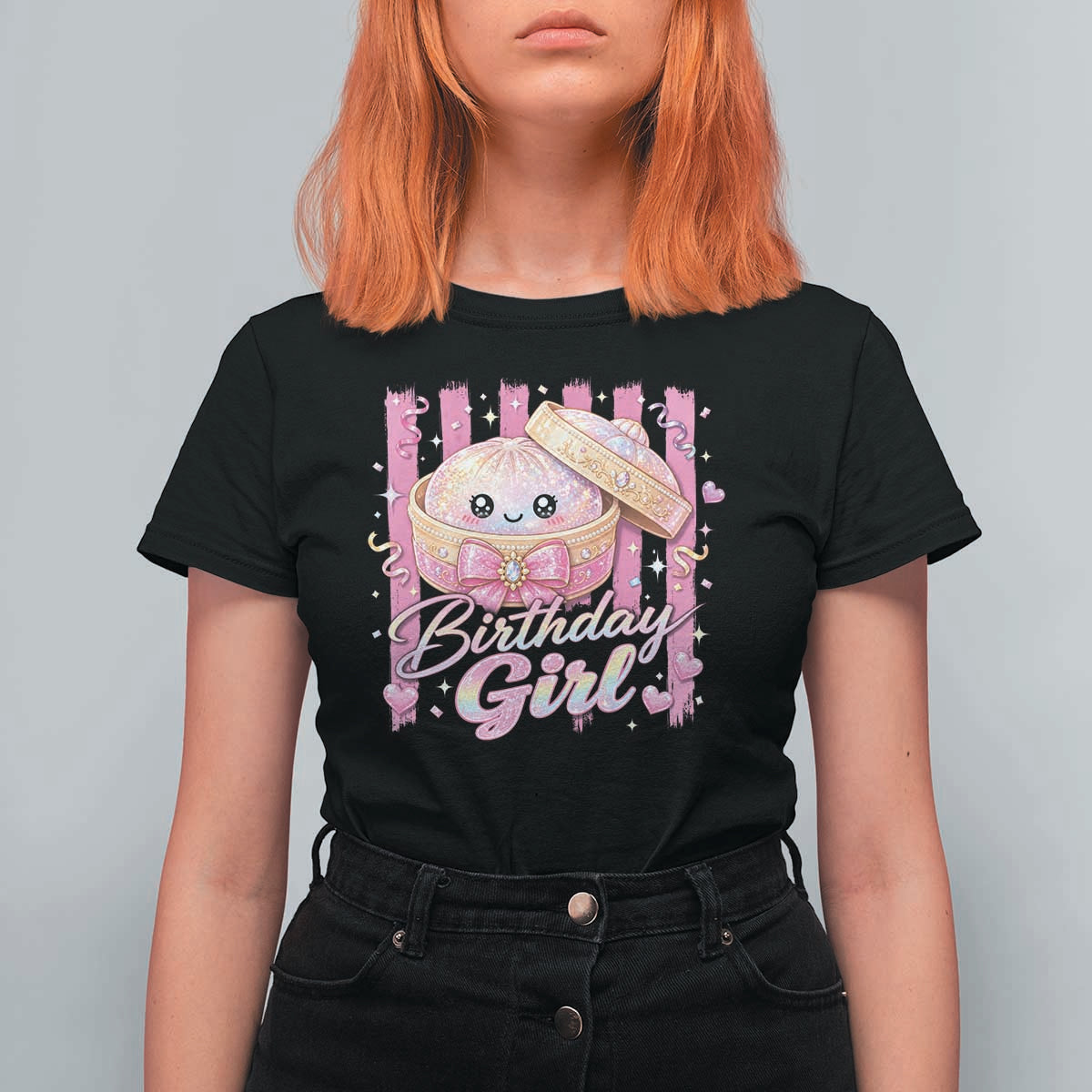 Birthday Girl Cute Glitter Dumpling T Shirt For Women Kawaii Food Squishy Summer Stripes