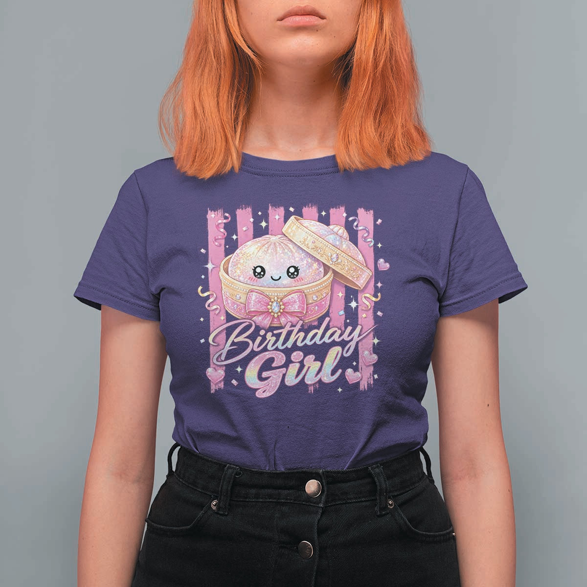 Birthday Girl Cute Glitter Dumpling T Shirt For Women Kawaii Food Squishy Summer Stripes