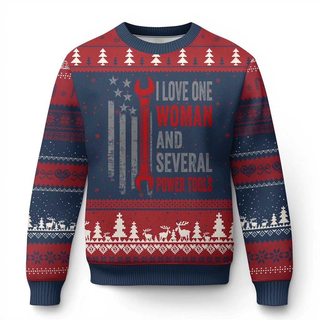 I Love One Woman And Several Power Tools Ugly Christmas Sweater Funny Mechanic Handyman Carpenter