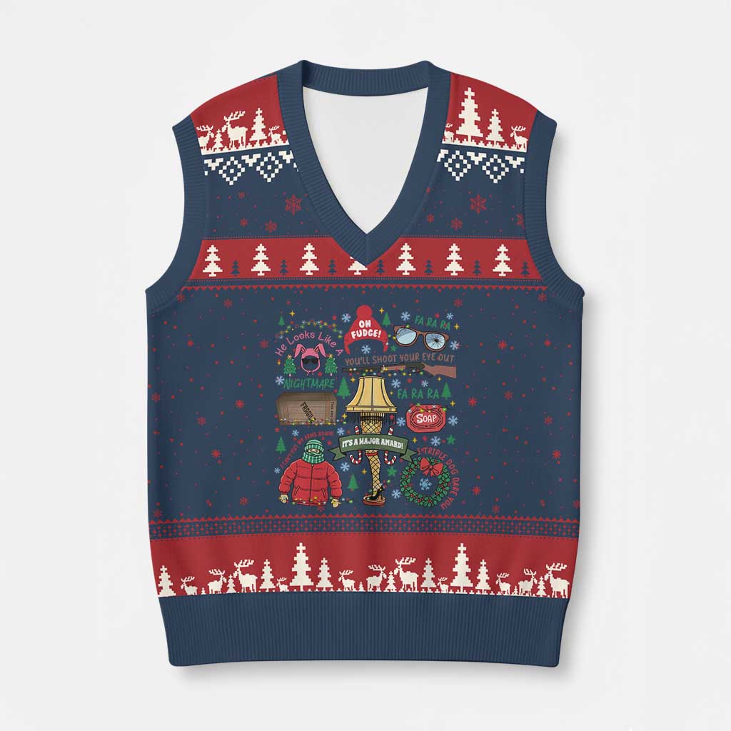 Funny Xmas Movie V-Neck Knit Sweater Vest Oh Fudge Bunny Pajama Italian Leg Lamp - Wonder Print Shop