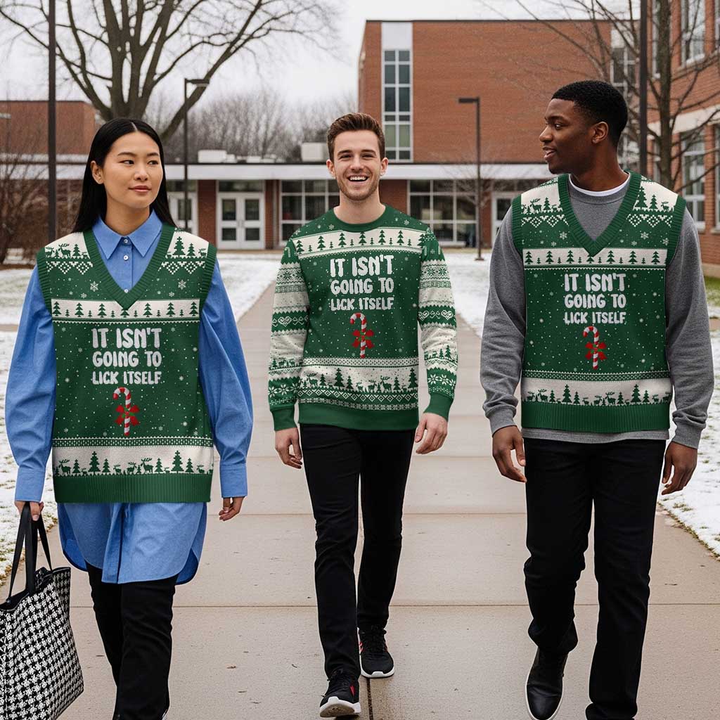 Funny Xmas It Isn't Going To Lick Itself V-Neck Knit Sweater Vest Xmas Adult Humor Couple Matching - Wonder Print Shop