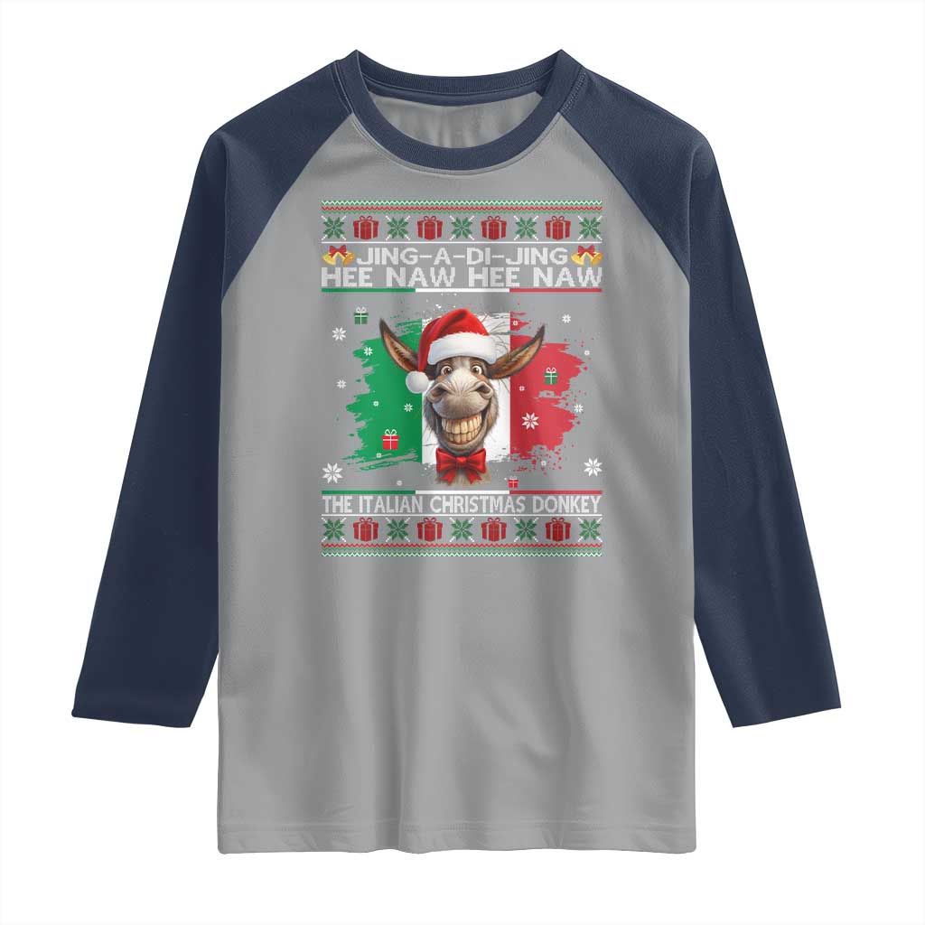 Funny Italian Christmas Donkey Raglan Shirt Funny Domick The Donkey Holiday Italy Flag - Wonder Print Shop