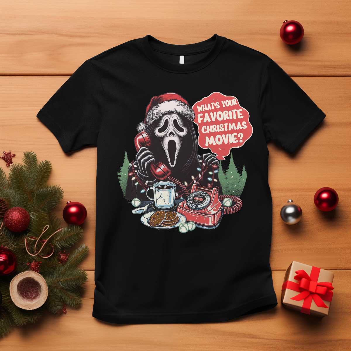 Funny Ghost Christmas Face T Shirt Whats Your Favorite Christmas Movie Spooky Xmas - Wonder Print Shop
