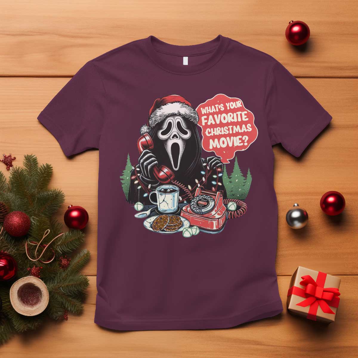 Funny Ghost Christmas Face T Shirt Whats Your Favorite Christmas Movie Spooky Xmas - Wonder Print Shop