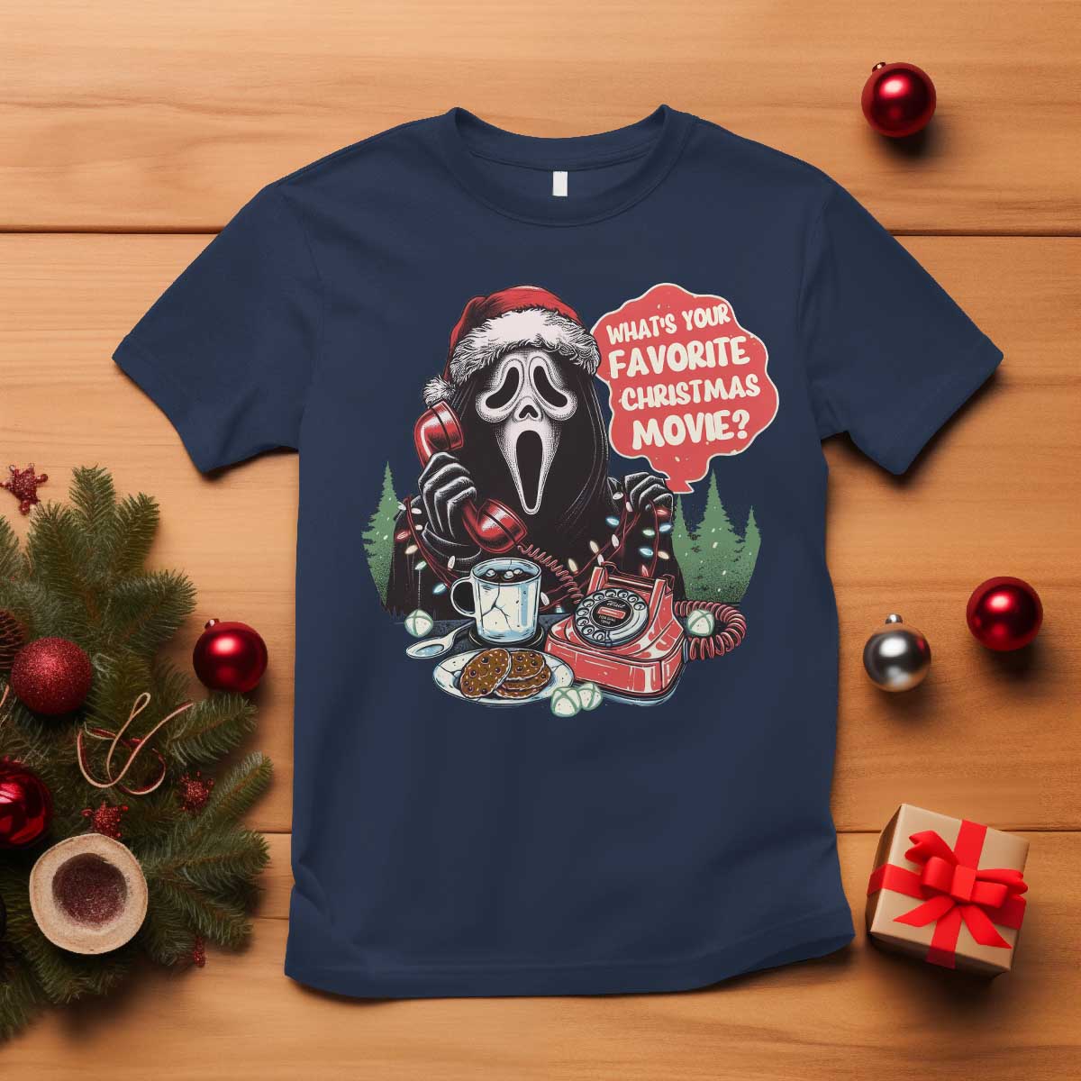 Funny Ghost Christmas Face T Shirt Whats Your Favorite Christmas Movie Spooky Xmas - Wonder Print Shop
