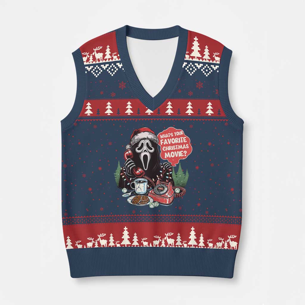 Funny Ghost Xmas Face V-Neck Knit Sweater Vest Whats Your Favorite Xmas Movie Spooky Xmas - Wonder Print Shop