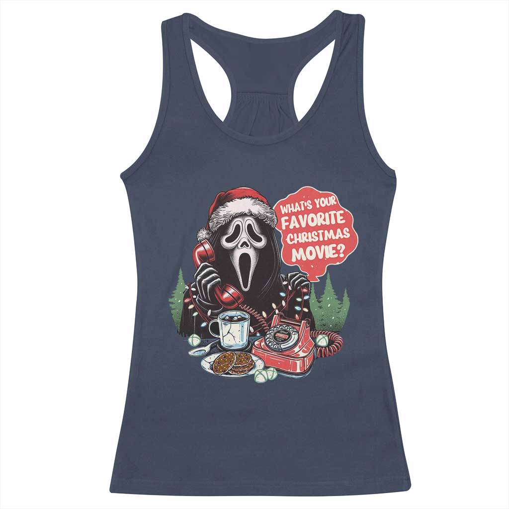 Funny Ghost Christmas Face Racerback Tank Top Whats Your Favorite Christmas Movie Spooky Xmas - Wonder Print Shop
