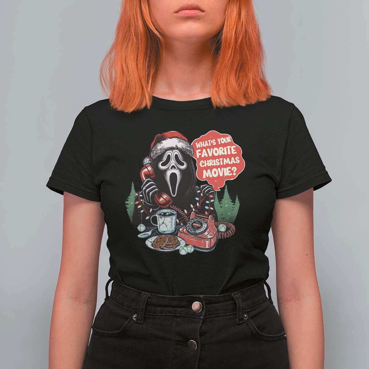 Funny Ghost Christmas Face T Shirt For Women Whats Your Favorite Christmas Movie Spooky Xmas - Wonder Print Shop