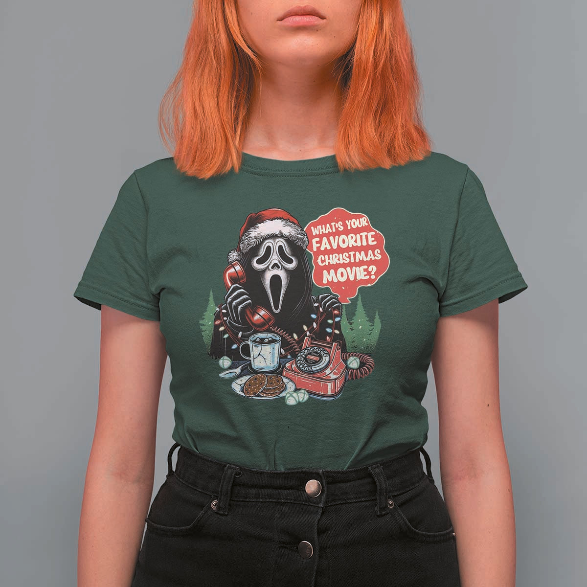 Funny Ghost Christmas Face T Shirt For Women Whats Your Favorite Christmas Movie Spooky Xmas - Wonder Print Shop