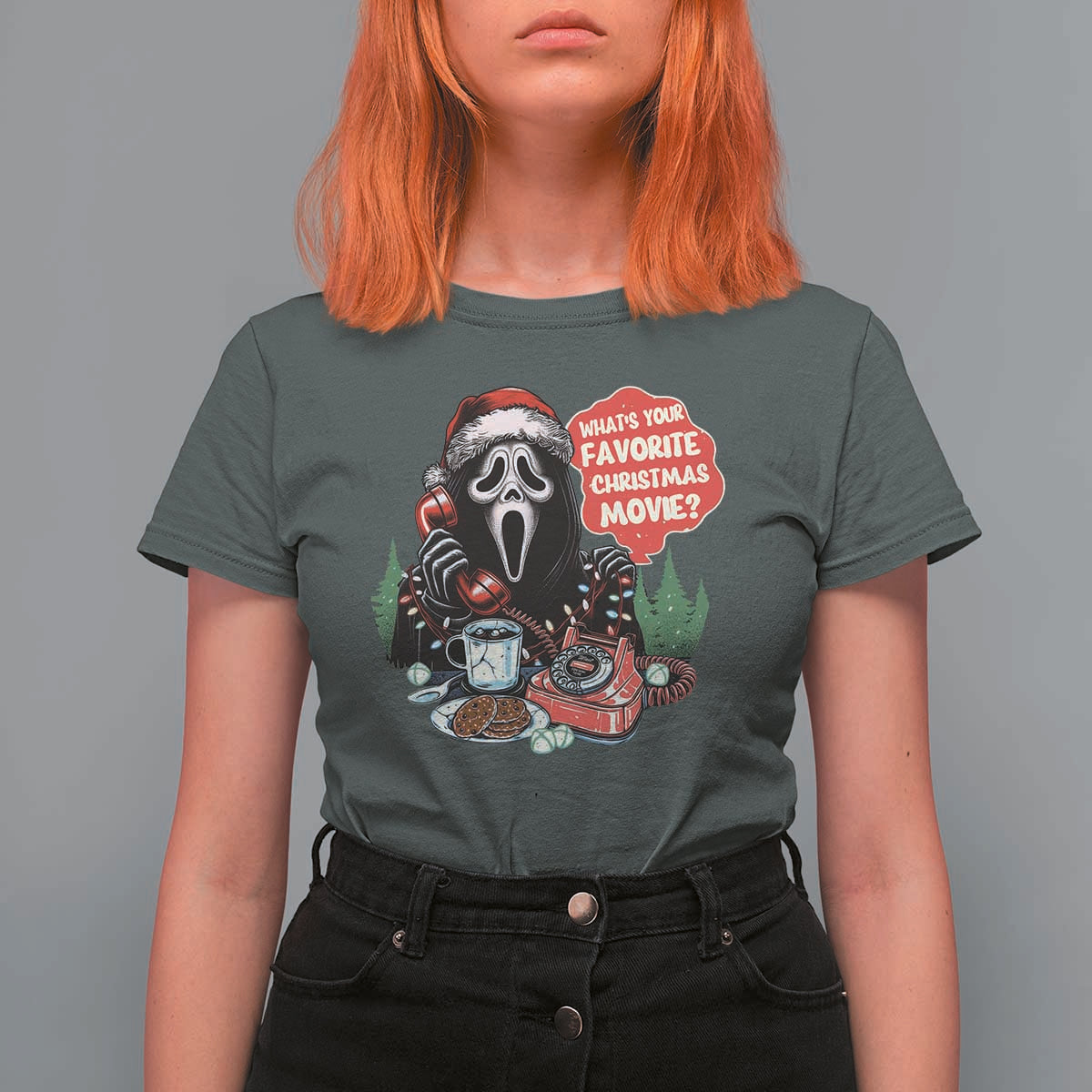 Funny Ghost Christmas Face T Shirt For Women Whats Your Favorite Christmas Movie Spooky Xmas - Wonder Print Shop