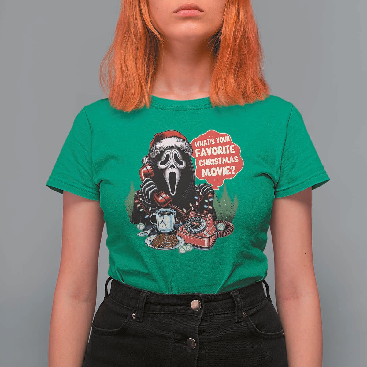 Funny Ghost Christmas Face T Shirt For Women Whats Your Favorite Christmas Movie Spooky Xmas - Wonder Print Shop