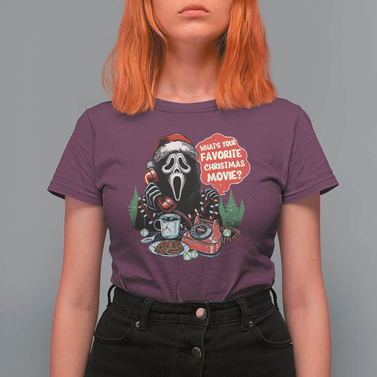 Funny Ghost Christmas Face T Shirt For Women Whats Your Favorite Christmas Movie Spooky Xmas - Wonder Print Shop