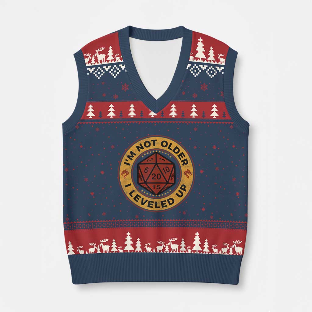 Funny RPG Gamer I Am Not Older I Leveled Up V-Neck Knit Sweater Vest Vintage D20 Tabletop - Wonder Print Shop