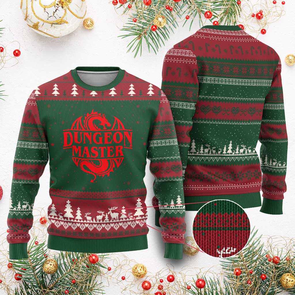 Funny Dungeon Master Ugly Christmas Sweater RPG Gamer D20 Tabletop Red Dragon - Wonder Print Shop