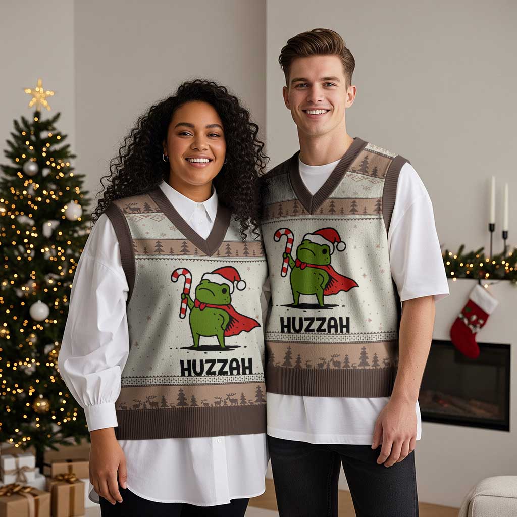 Funny Xmas Huzzah Frog Knight Meme Quote V-Neck Knit Sweater Vest - Wonder Print Shop
