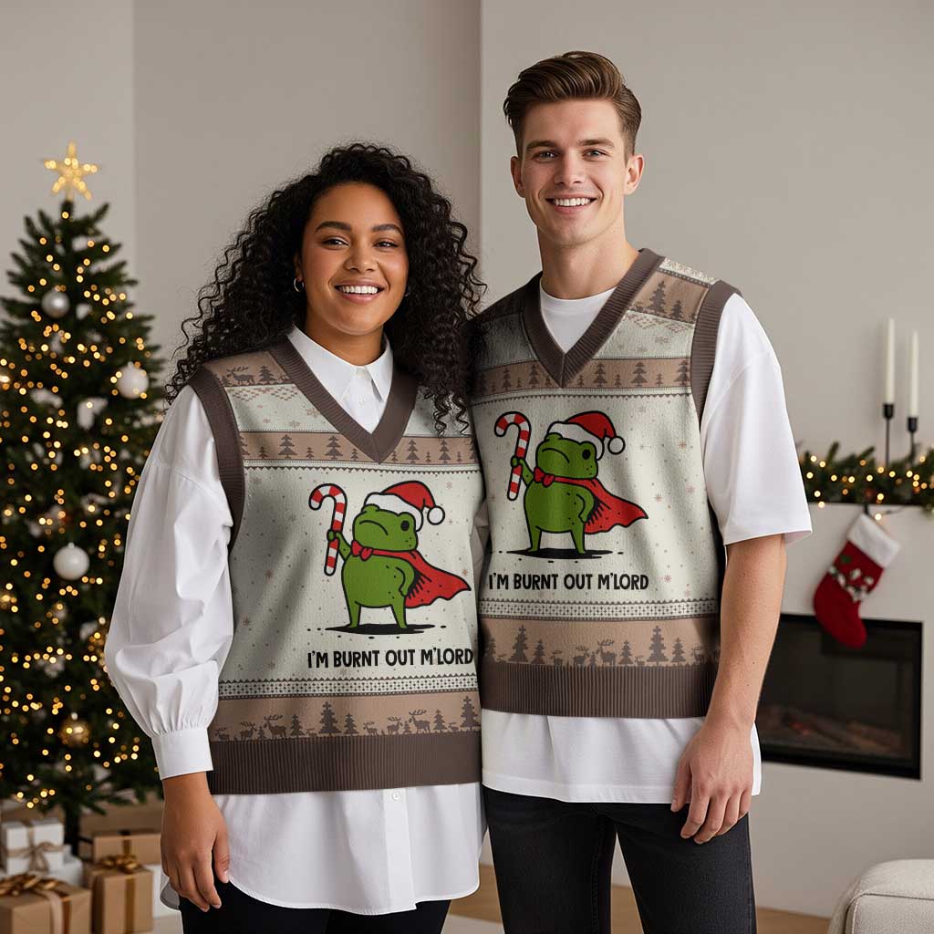 Funny Xmas Frog Knight V-Neck Knit Sweater Vest I Am Burnt Out M Lord Medieval Meme Candy Cane - Wonder Print Shop