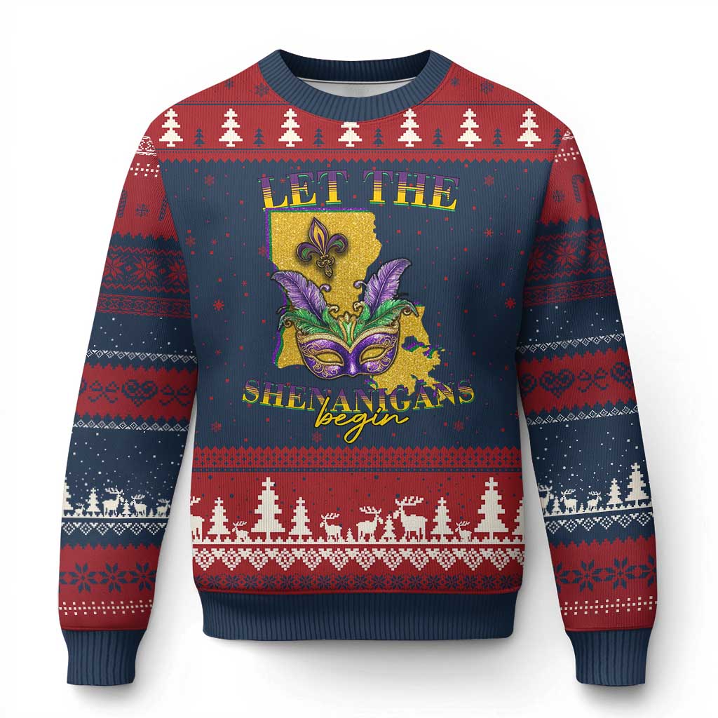 Funny Mardi Gras Let The Shenanigans Begin Ugly Christmas Sweater Louisiana Map