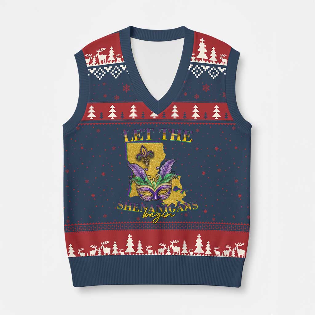 Funny Mardi Gras Let The Shenanigans Begin V-Neck Knit Sweater Vest Louisiana Map
