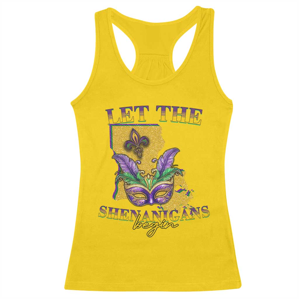 Funny Mardi Gras Let The Shenanigans Begin Racerback Tank Top Louisiana Map