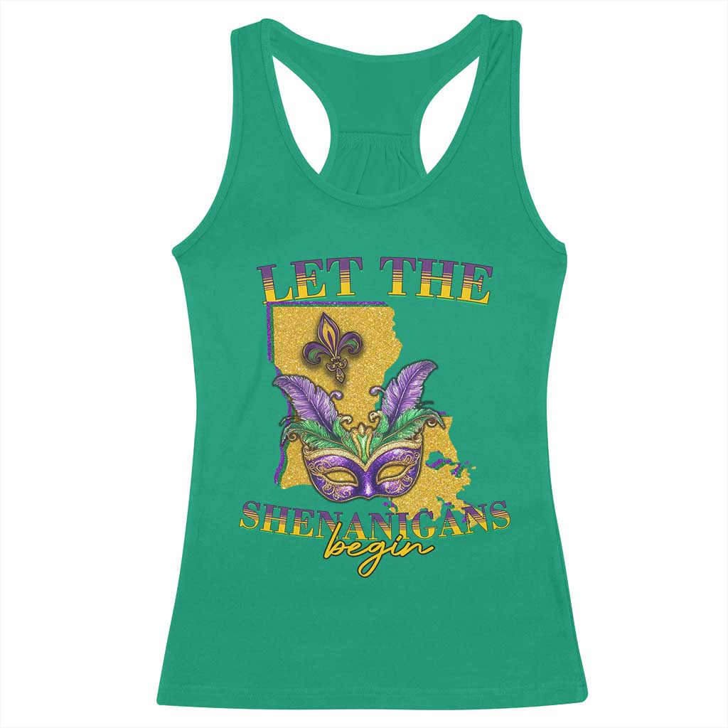Funny Mardi Gras Let The Shenanigans Begin Racerback Tank Top Louisiana Map