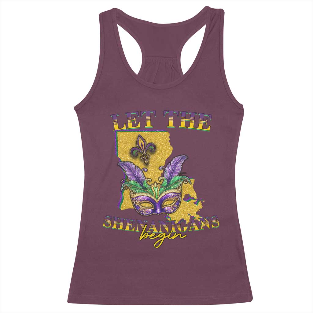 Funny Mardi Gras Let The Shenanigans Begin Racerback Tank Top Louisiana Map