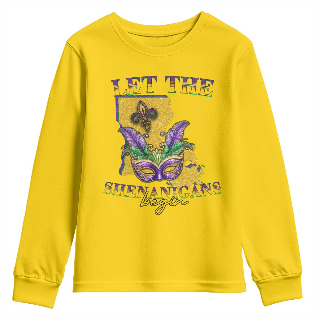 Funny Mardi Gras Let The Shenanigans Begin Youth Sweatshirt Louisiana Map
