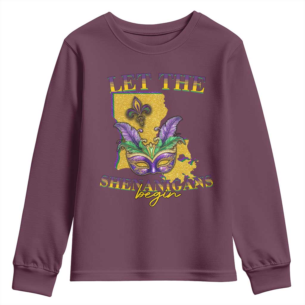 Funny Mardi Gras Let The Shenanigans Begin Youth Sweatshirt Louisiana Map