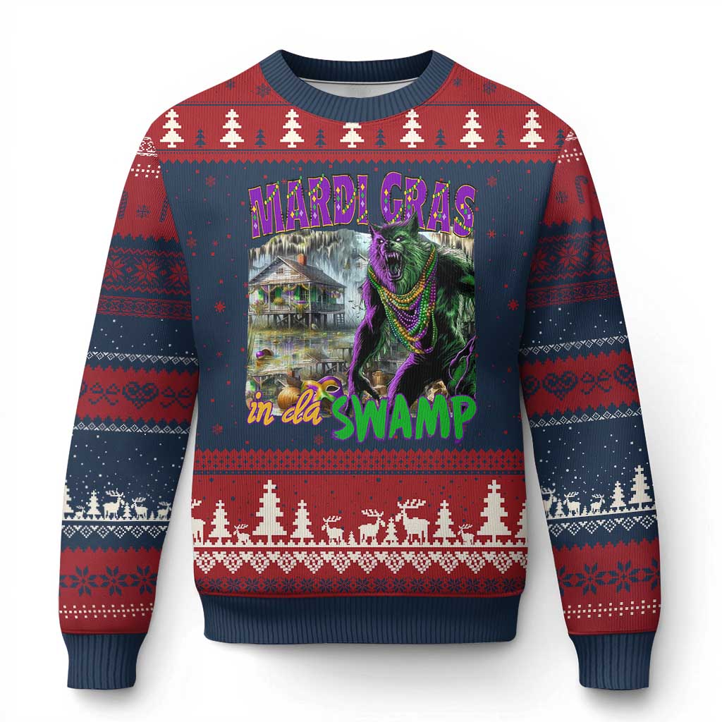 Funny Mardi Gras Rougarou Ugly Christmas Sweater Mardi Gras In Da Swamp Cryptids Of Louisiana