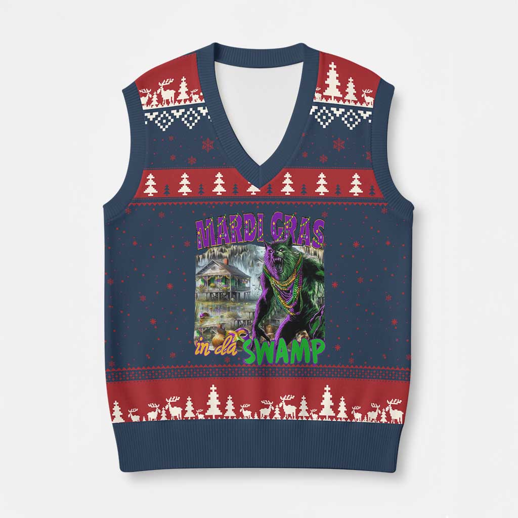Funny Mardi Gras Rougarou V-Neck Knit Sweater Vest Mardi Gras In Da Swamp Cryptids Of Louisiana
