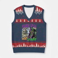 Funny Mardi Gras Rougarou V-Neck Knit Sweater Vest Mardi Gras In Da Swamp Cryptids Of Louisiana